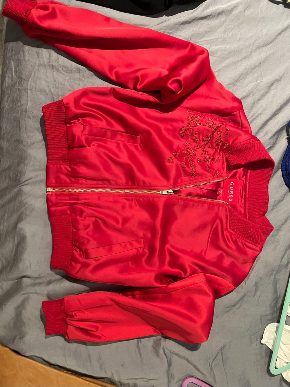Guess Kids Red Satin Bomber Jacket with Embroidered Floral Detail